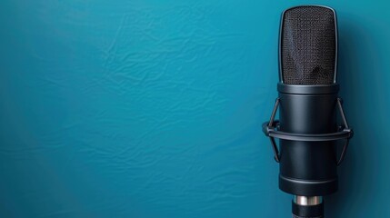 Audio recording studio microphone on blue background. Professional studio vocal equipment. concept of voice recording