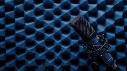 Audio recording studio microphone on blue background. Professional studio vocal equipment. concept of voice recording