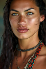 Portrait of a beautiful young woman with an intense gaze and freckles isolated from the copy space background