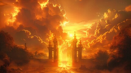 Golden Gates of Eternity, Depict the majestic gates of heaven bathed in golden light, welcoming...