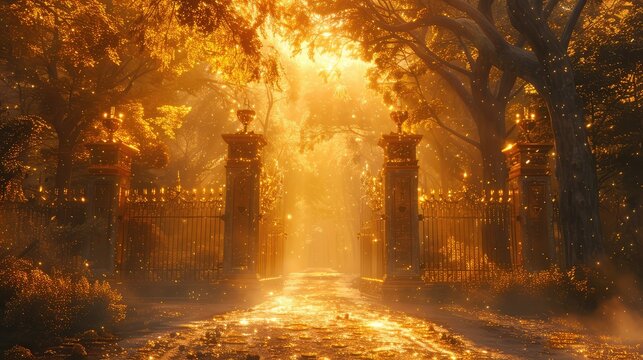 Golden Gates of Eternity, Depict the majestic gates of heaven bathed in golden light, welcoming souls into the eternal realm beyond
