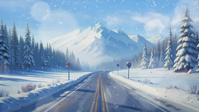 highway with snow mountain background and snowfall with clear sky
