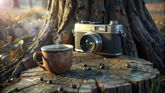 camera and a cup of warm coffee under the tree