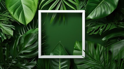 creative layout, green leaves with white square frame, flat lay, for advertising card or invitation.