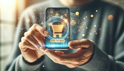 Fototapeta premium Hand interacts with a holographic interface projecting from a smartphone, illustrating a futuristic and secure online shopping experience.
