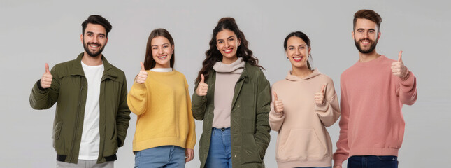A smiling group of people showing thumbs up and looking at the camera over a grey background. A panoramic banner with a copy space area for text or a logo