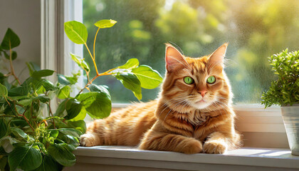 A playful orange tabby cat with bright green eyes lounges lazily on a sunlit windowsill, its tail...