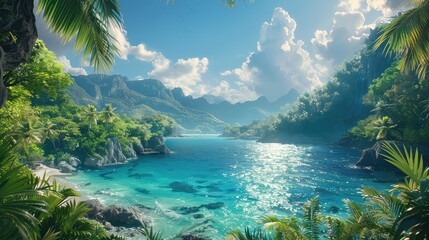 Paradise Found, Depict an idyllic paradise, where lush landscapes meet crystal-clear waters under a perfect sky, inviting viewers to imagine themselves in a blissful utopia - obrazy, fototapety, plakaty
