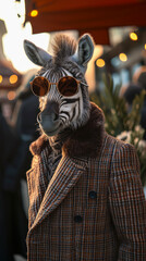 Fashionable zebra strides through city streets in tailored elegance, epitomizing street style. The realistic urban backdrop frames this black-and-white beauty, seamlessly merging wild charm with conte