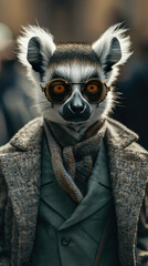 Stylish lemur moves through city streets in tailored splendor, epitomizing street style. The realistic urban setting captures this primatial charm, seamlessly merging exotic allure with contemporary f