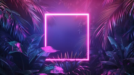 Neon Oasis: A Vibrant Square Frame Surrounded by Exotic Tropical Foliage