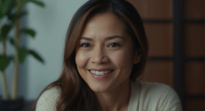 Portrait of beautiful mid age single filipina woman smiling looking at the camera, living room background from Generative AI