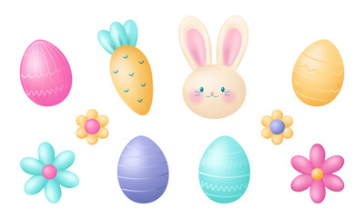 Set of 3D Easter elements for design isolated on a white background.Easter eggs and flowers, bunny and carrot.Vector stock illustration.
