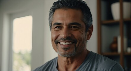Portrait of handsome mid age single hispanic man smiling looking at the camera, living room background from Generative AI - obrazy, fototapety, plakaty