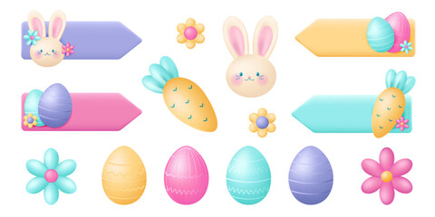 Set of cute Easter 3D elements for design, isolated on a white background.Eggs and flowers, bunny and carrots, arrows for an Easter egg hunt.Candy colors. Vector stock illustration.