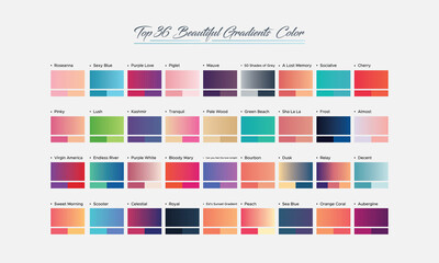 Most popular Five-gradient & top 36 Beautiful Gradients Color set. Chrome, texture, surface, and background template for screen, mobile, digital, and web. Metallic and chromium shade combination.