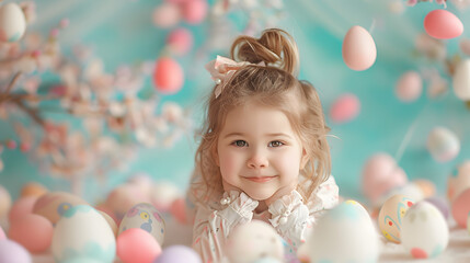 Fototapeta na wymiar little girl in easter wonderland, joy, happy, pastel colors, minimal style, highly detailed photo,