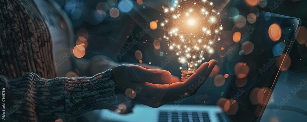 Poster innovative idea concept with light bulb and network nodes a hand presenting a glowing light bulb con