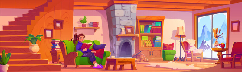 Young woman sitting on sofa and reading book in cozy winter chalet or home living room with fireplace, stairs and wooden furniture, mountains with snow peaks outside window. Cartoon cabin interior. - obrazy, fototapety, plakaty
