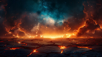 A stark contrast of fiery lava fissures splitting the desolate ground, set against the serene expanse of a star filled galaxy. - obrazy, fototapety, plakaty