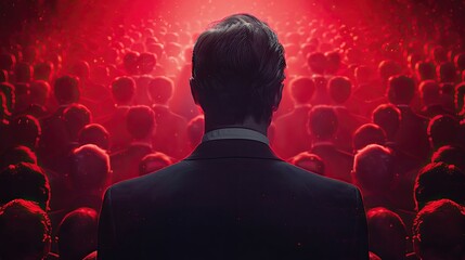 Man facing a red audience, giving an impression of influence.