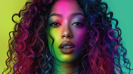 Vibrant multicolored portrait of a woman with vivid curly hair.