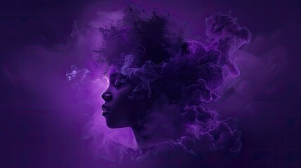 Profile of a woman with a purple smoke effect, evoking a sense of mystery. - obrazy, fototapety, plakaty