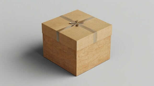 Cardboard gift box tied with ribbon on neutral background.