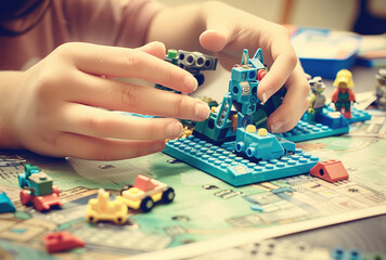 Children's hands build LEGO robots and small structures on the table in a closeup of children playing with Lego robots in class at school - obrazy, fototapety, plakaty