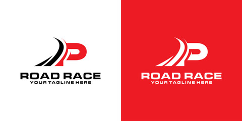 letter P and road racing logo designs, racing logos, asphalt, asphalt roads, automotive and workshops - obrazy, fototapety, plakaty