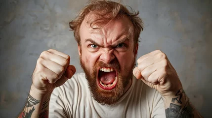 Fotobehang Angry bearded man clenching fists and yelling with intensity. © AdriFerrer