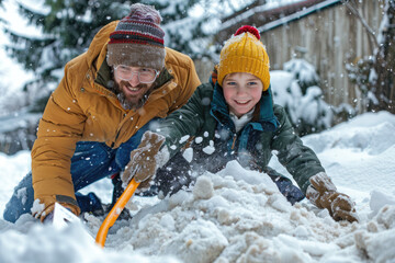 close view of happy smiling parent and child clearing snow by shovel after snowfall