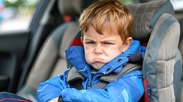 Unhappy young boy in a blue jacket pouting in a car seat.