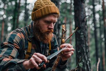 young male survivalist sharpening stick with knife in forest - obrazy, fototapety, plakaty