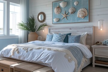 A coastal-style bedroom sanctuary, featuring coastal-themed decor accents