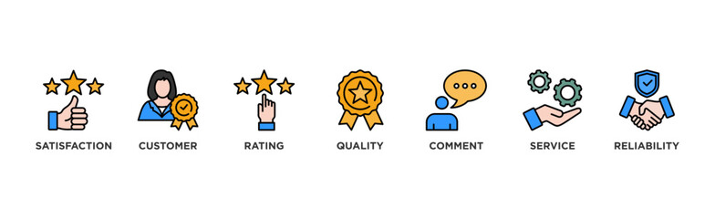 Feedback banner web icon vector illustration concept with icon of satisfaction, customer, rating, quality, comment, service and reliability	
