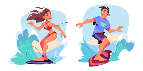 Surfers catching and riding wave on board. Cartoon vector illustration set of young man and woman standing on surfboard in sea or ocean. Happy active people swimming. Summer beach extreme adventure. - obrazy, fototapety, plakaty