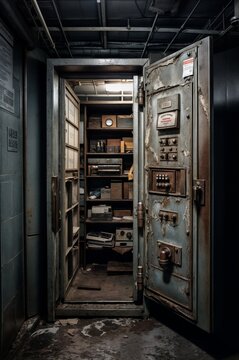 Interior of an old abandoned bank vault with locked doors and a safe