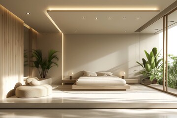 A minimalist bedroom sanctuary, complete with minimalist furniture arrangements - obrazy, fototapety, plakaty