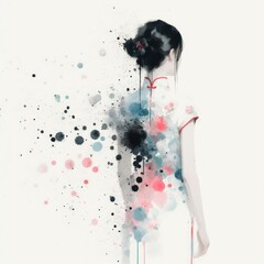 Chinese woman in cheongsam dress in splash ink painting with Generative AI.