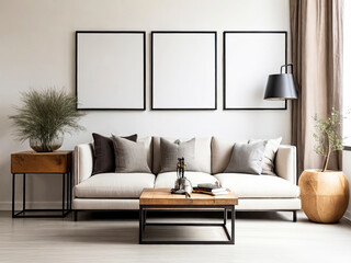 Blank Poster Frame mockup on white wall living room, modern interior with plant, tea Table, White sofa
