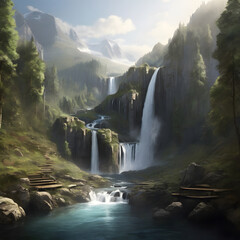 Fototapeta premium A waterfall in the middle of the mountain forest