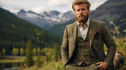 Imagine a debonair bear in a tweed blazer, accessorized with a tartan scarf and a monocle. Amidst a backdrop of rugged mountains, it exudes outdoorsy elegance and wilderness charm. Mood: rugged and re