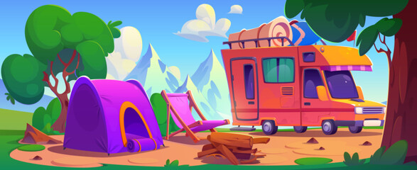 Plakaty  Camping place with camper van with baggage on top, tent, lounge chair and bonfire place in forest near mountains. Cartoon summer day scene with caravan during outdoor vacation.