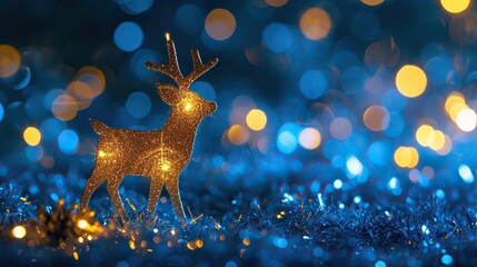 Obraz na płótnie Canvas Golden sparkle reindeer on blue glitter background, greeting card