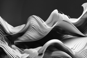 The image shows an abstract design of flowing, wavelike forms in black and white with a sense of movement and grace. geometric black and white forms flowing waves in background