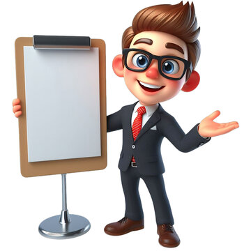 3d render. A businessman cartoon character stands with the presentation board isolated on transparent background