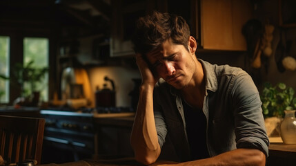 Obraz premium Isolated image of a worried, tired man with a headache. A worried man is holding his forehead. Generative AI