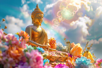 golden buddha with colorful flowers and cloud with heaven light