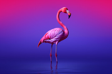 oiseau échassier, flamant rose les pattes dans l'eau, de profil,  sur un fond dégradé rose et bleu, avec espace négatif pour texte copyspace